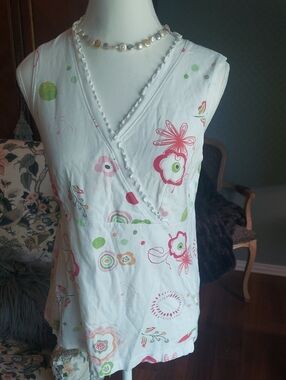 fresh produce White Sleeveless Wrap Top with Pink & Green Floral Print